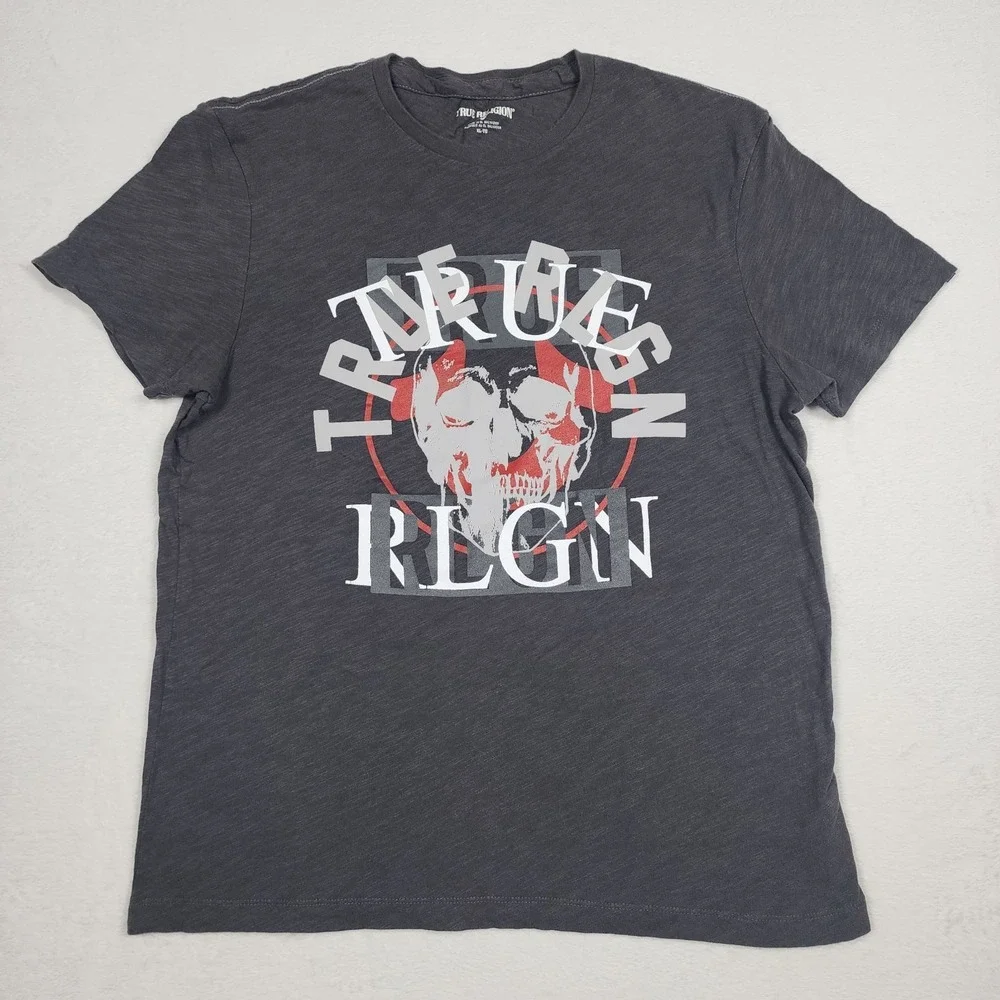 True Religion Shirt Mens XL Black Gray Skull Logo Graphic Faded Y2K Streetwear